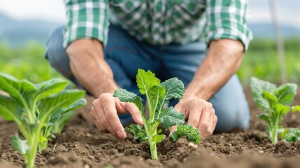 Fototapeta premium A farmer carefully inspects the plant quality in field.