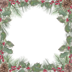 Watercolour square frame of spruce branches and holly