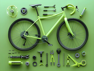 3D rendering Bicycle parts and tools on green,