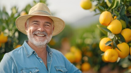A modern farmer harvests organic oranges in the garden, using sustainable methods and advanced techniques to ensure high-quality produce and effective management.