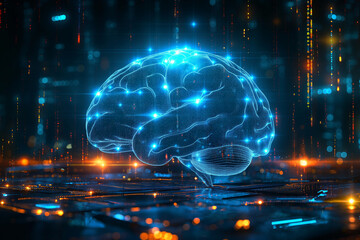 transparent space of technology, there is a huge digital brain with neurons flashing blue light, surrounded by a space composed of code image