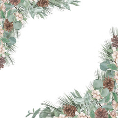 Watercolour floral frame with pine tree branch, eucalyptus and chimney berries