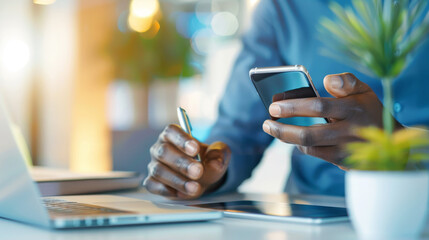 Modern Business Communication - Professional Using Smartphone in Bright Office Setting