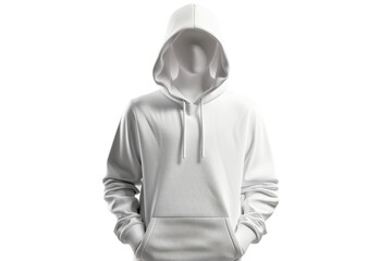 A white hoodie mockup with a drawstring on a white mannequin against a plain white background. The hoodie is made of a soft, comfortable material and features a relaxed fit