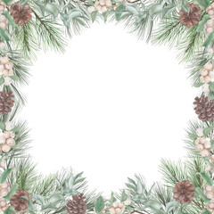 Watercolour square frame of spruce branches