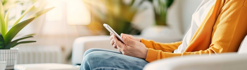Fototapeta premium Modern Remote Work: Setting Up Video Call on Smartphone in Cozy Sunlit Living Room