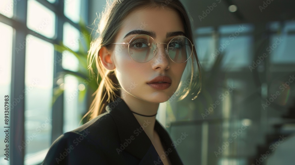 Wall mural a woman wearing glasses and a black jacket