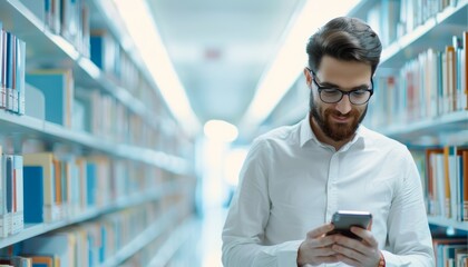 Researcher Analyzing Data on Smartphone in Serene Library with Natural Light