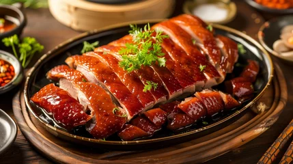 Fotobehang Peking Sliced ​​Peking duck in sweet and sour sauce on a large platter with many vegetable snacks in small bowls  © Yana Buzhynska