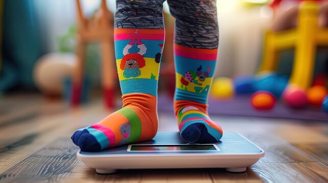 Child's Feet in Colorful Socks Standing on Digital Scale - Powered by Adobe