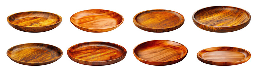 Obraz premium Set of round wooden serving dishes of varying sizes arranged in two rows of four on a white background
