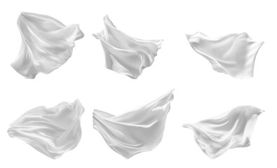 Obraz premium Set of pieces of white fabric are shown flowing in the air, isolated on a white background. They are captured in different positions, showcasing the fabric's movement and texture