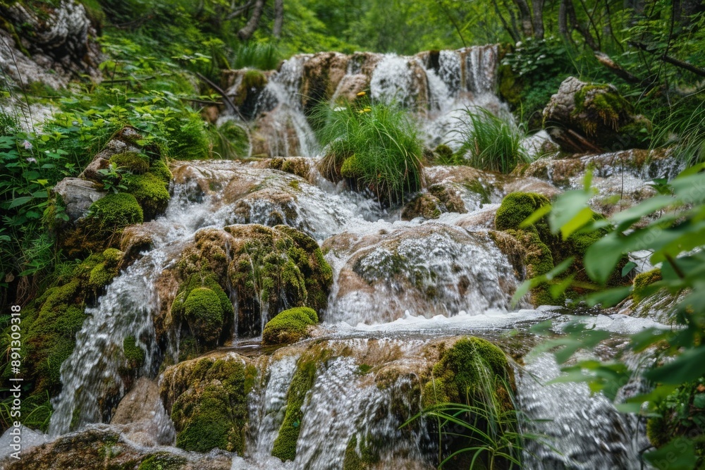 Poster water cascading over moss covered rocks in forest