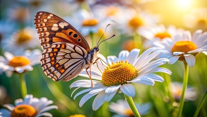 Obraz premium Beautiful butterfly standing on white daisy flower in field