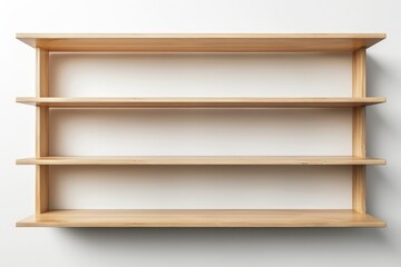 Empty wooden shelf hanging on white wall