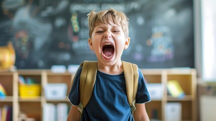 A young boy stands in a classroom, his mouth open wide in a loud shout. His expression is one of anger or frustration.