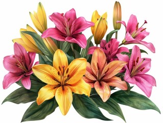 Fototapeta premium Beautiful bouquet of vibrant pink and yellow lilies, perfect for floral arrangements, spring-themed designs, and nature-inspired artwork.