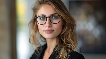 A woman with long blonde hair and glasses is standing in front of a wall