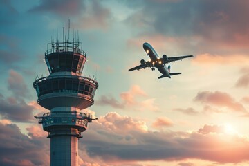 A commercial aircraft flying over an air traffic controller tower.