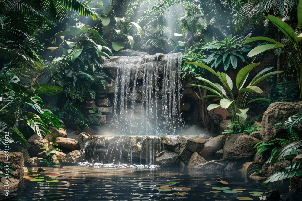 Poster cascading waterfall flowing into tranquil jungle pool