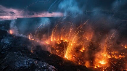 Vivid sparks ignite the night sky, their fiery trails weaving through a haze of smoke and fog, creating a mesmerizing spectacle against the backdrop of a burning coal bed and flickering flames.