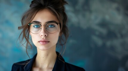 Fototapeta premium A woman with glasses and a ponytail is standing in front of a blue wall