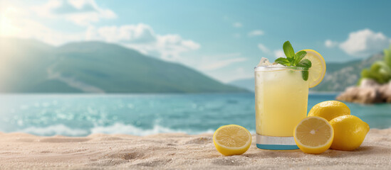 Beach with lemon juice, refreshing drink, beverage advertising concept