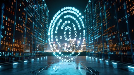 Digital Code Symbol Floating Over Cityscape at Night