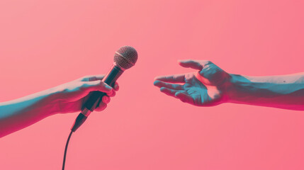 A photo of two hands passing a microphone, one hand holding the microphone and the other hand just about to grasp it