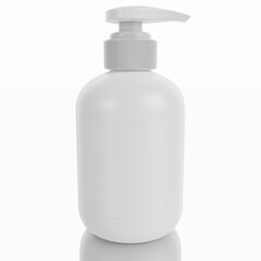 Dispenser. Bottiglia in plastica bianca  per sapone su sfondo bianco.