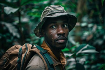 Obraz premium Young male explorer wearing backpack walking through lush tropical forest