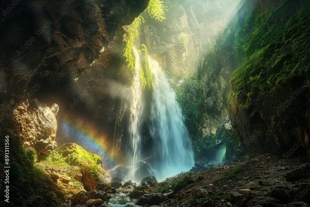 Poster Waterfall cascading down a mossy ravine creating a rainbow