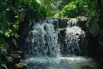 Small waterfall cascading over rocks in lush green forest