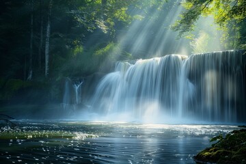 Sunlight shining through trees on waterfall cascading into blue river