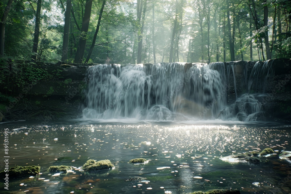 Poster Sunlight shining through trees on waterfall cascading into river