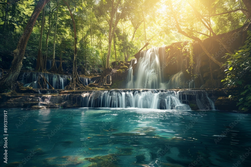 Poster sunlight illuminating waterfall cascading into tranquil pond in lush tropical forest