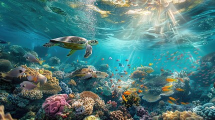 Fototapeta premium A Sea Turtle Swims Through a Vibrant Coral Reef Bathed in Sunbeams