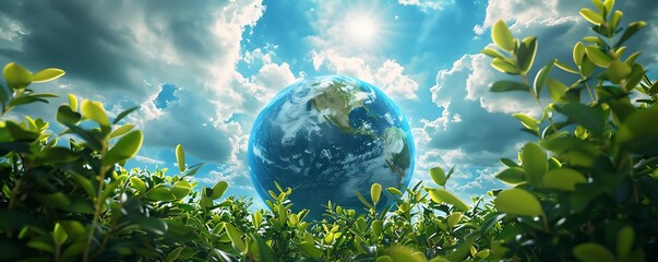 The vivid blue Earth shines brightly under a cloudy sky surrounded by thriving greenery that...