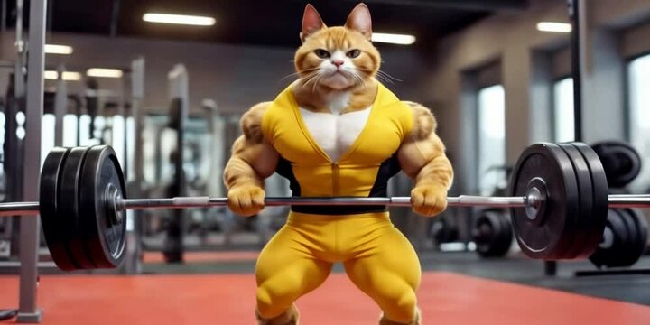The cat is an athlete. The video shows an athlete cat straining his muscles. The cat is standing in a gym bag and lifting a barbell.