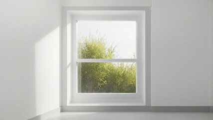 Fototapeta premium Minimalist white room interior with windows showing natural scenery. A clean room with shadow overlays. The morning sun passes through the window. AI-Generated