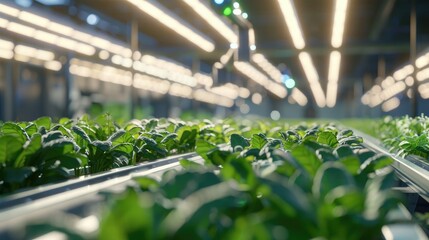 Lush Green Plants Growing Under Bright Lights in a Modern Greenhouse