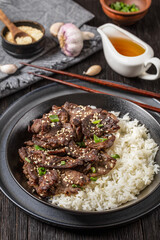Bulgogi, Korean BBQ Beef with rice, top view