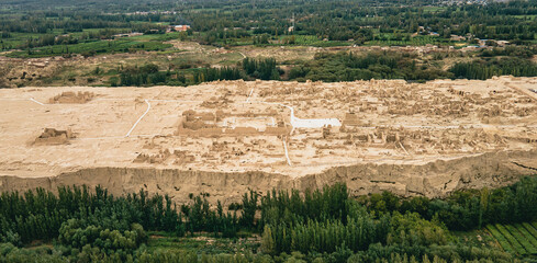 Aerial view of historical site of the ancient City of Jiaohe in Turpan, Xinjiang, China