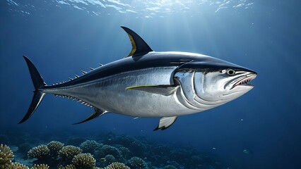 Obraz premium A large tuna fish swims through the blue ocean water, sunlight streaming down from above.
