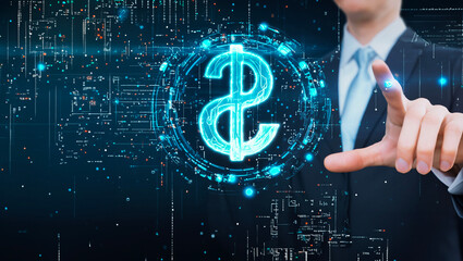 a hand touching a digital key of a digital dollar