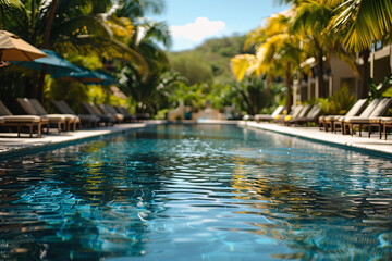 Fototapeta premium A tranquil pool in a resort, perfect for leisure and relaxation during a vacation.