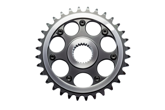 A Gleaming Metal Gear Cog With a Silver Rim and Six Screw Holes on a Clear PNG or White Background.