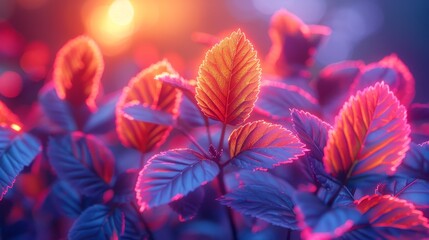 Vibrant Neon Leaves Illuminated by Soft Sunset Glow in Serene Nature Setting