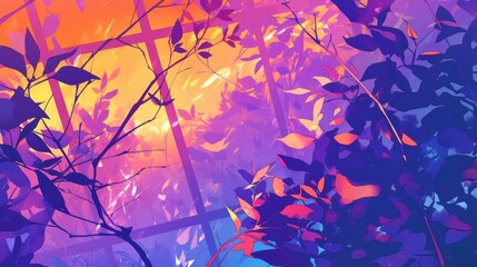 Vibrant Botanical Silhouettes against Sunset Sky in Abstract Digital Art