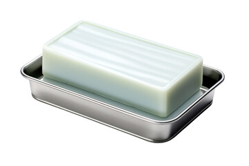 A Bar of Soapy Serenity Resting on Its Metallic Cradle on a Clear PNG or White Background.